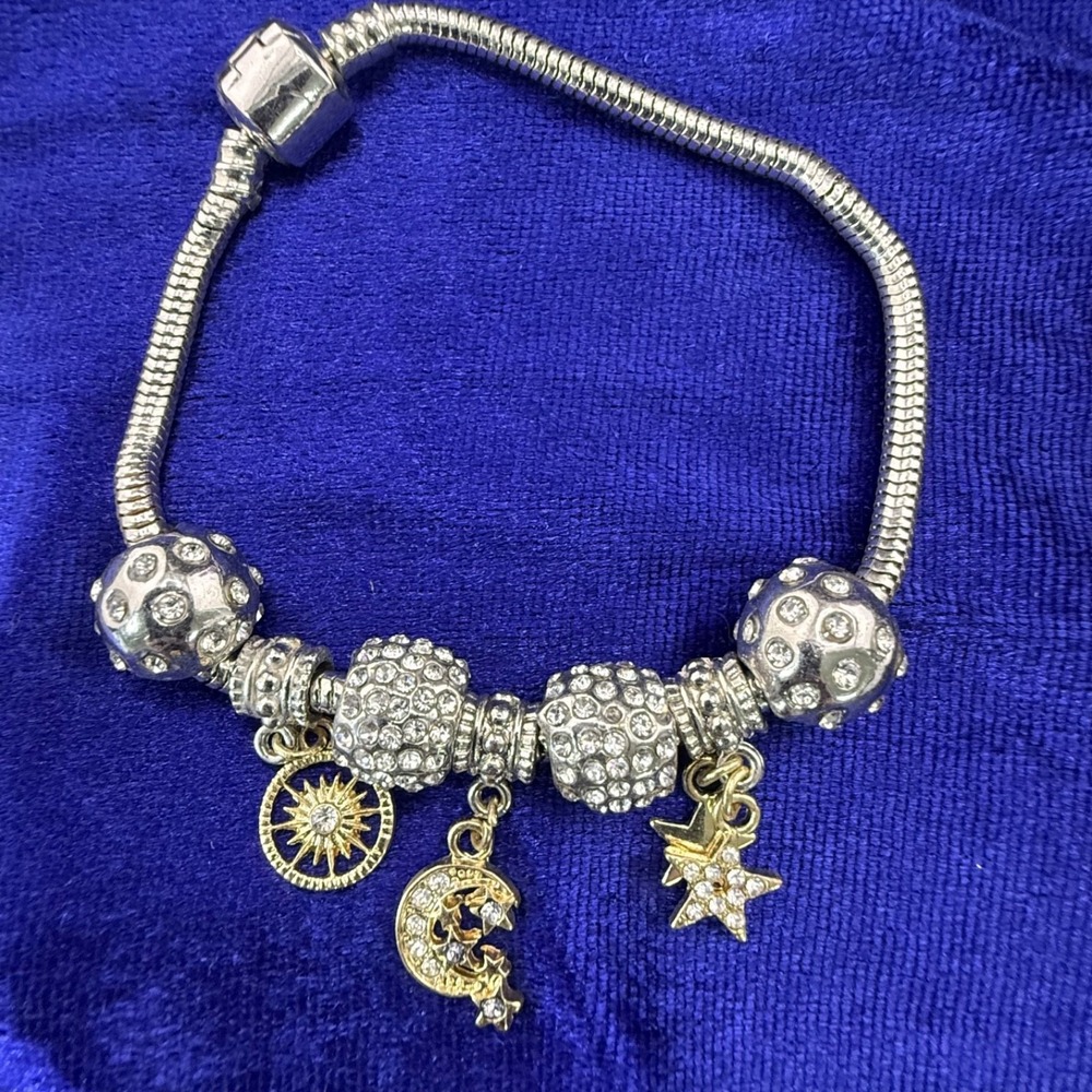Vintage CN Charm Bracelet Silver Tone Sun Moon Stars Slider Beaded 7"